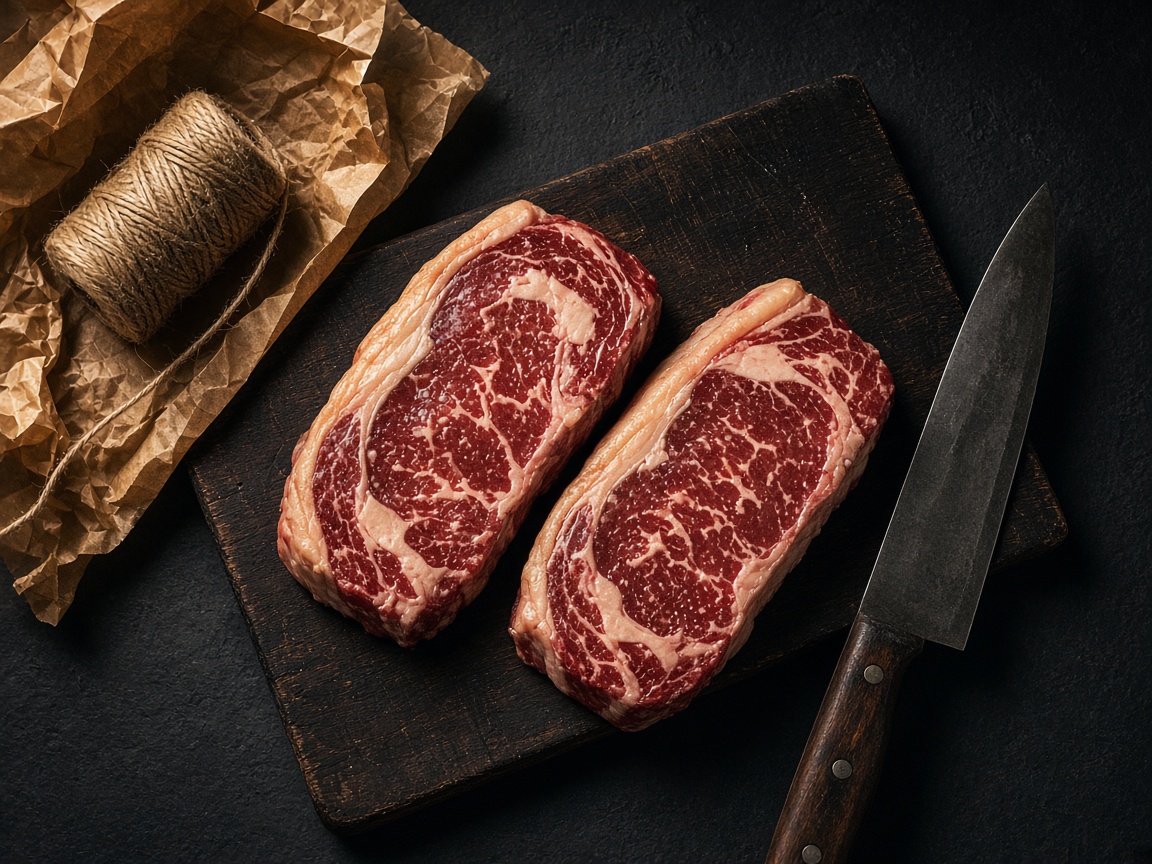 Raw marbled American Wagyu and USDA Prime steaks on a dark butcher board with twine and a knife, Holly Springs, NC